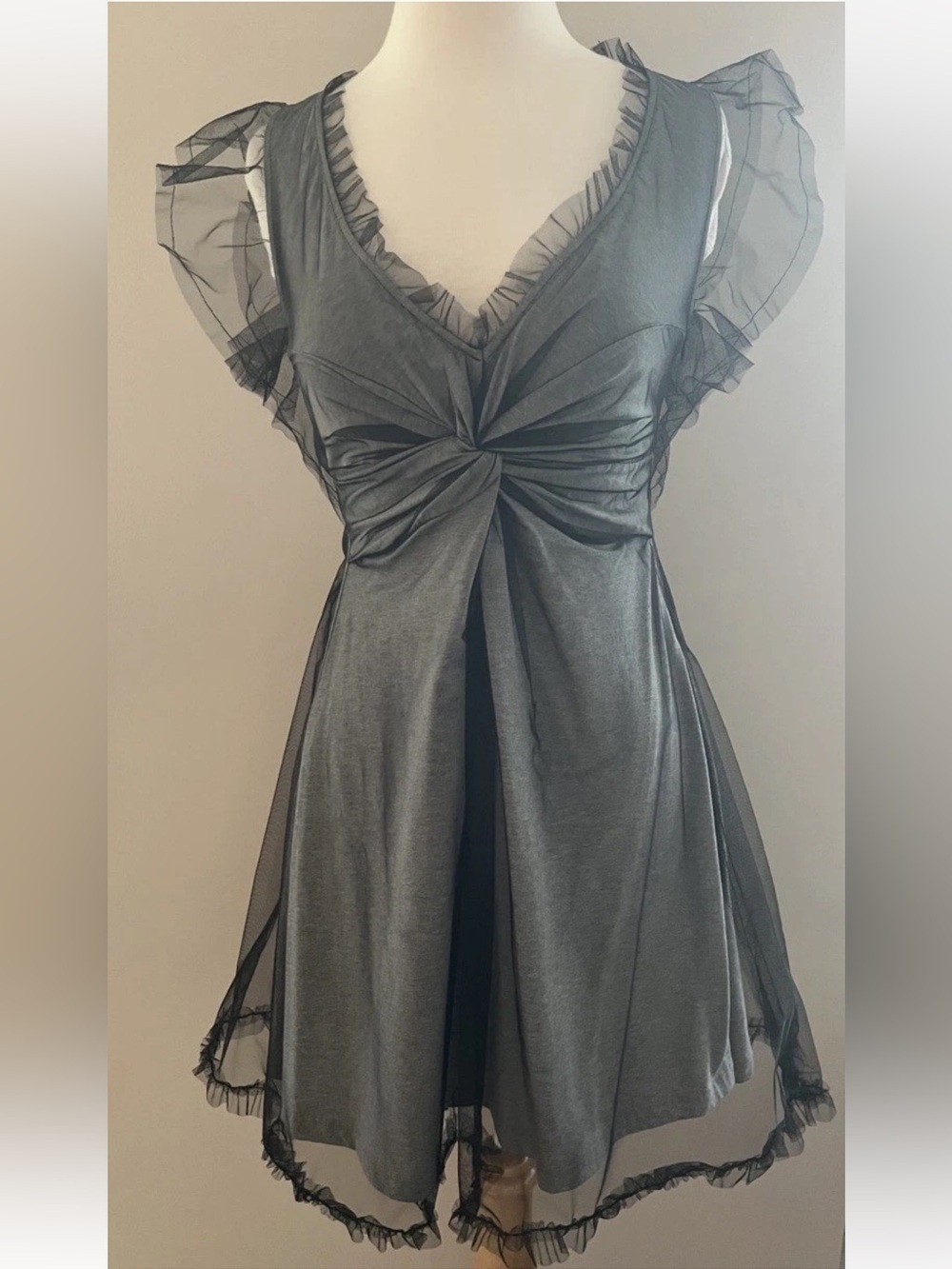 RED Valentino Grey Tulle Sleeveless Mini Dress Black Ruffle V-Neck Cotton Sz M - Picture 1 of 11